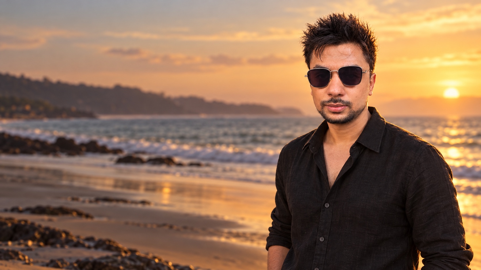 AI-created wide portrait of Ali in sunglasses at a beach, based on his supplied photograph