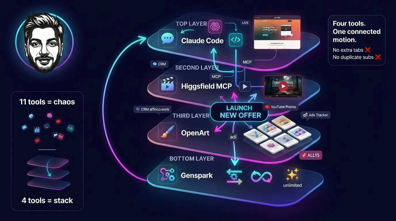 The 4-Tool AI Content Stack for Creators and Teams in 2026 12 Higgsfield, Claude Code, Genspark and OpenArt Stack
