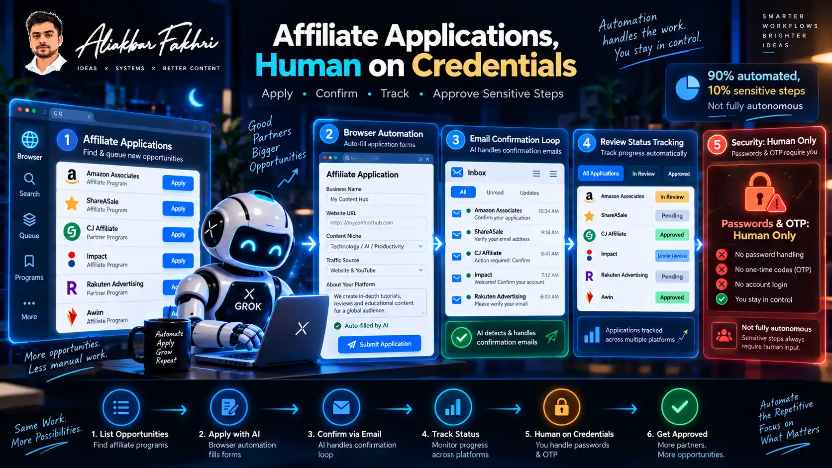 Grok Bot Review 2026: Pricing, Features, Security and Limits 10 Grok Bot Workflow of Affiliate Applications