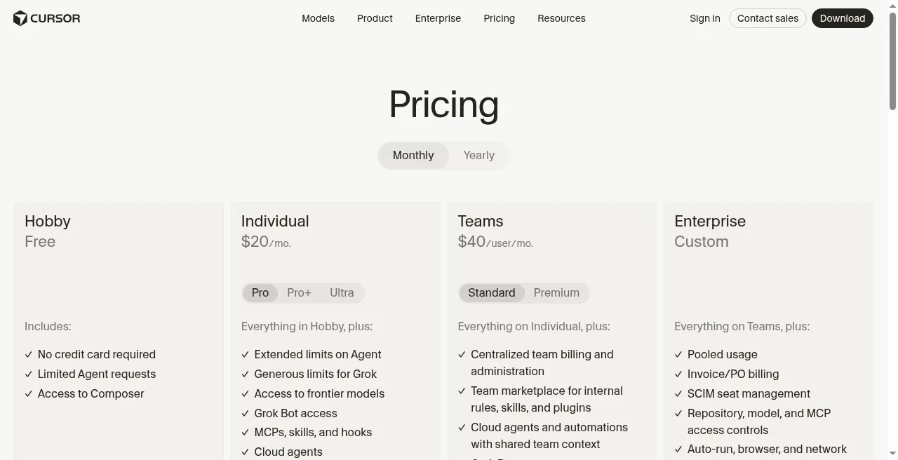Grok Bot for Agencies: 4 Workflows That Save 35 Hours a Week 10 Cursor pricing page showing Pro /month as cheapest Grok Bot route