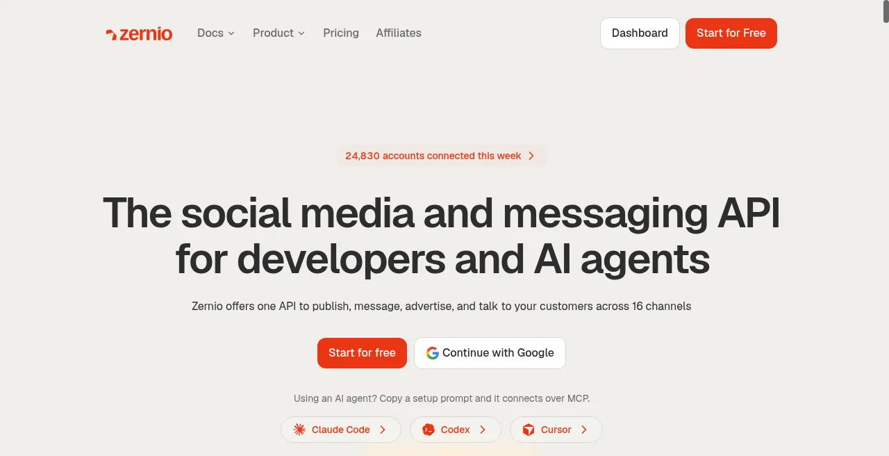 Grok Bot for Agencies: 4 Workflows That Save 35 Hours a Week 4 Zernio homepage — social publishing API for agencies